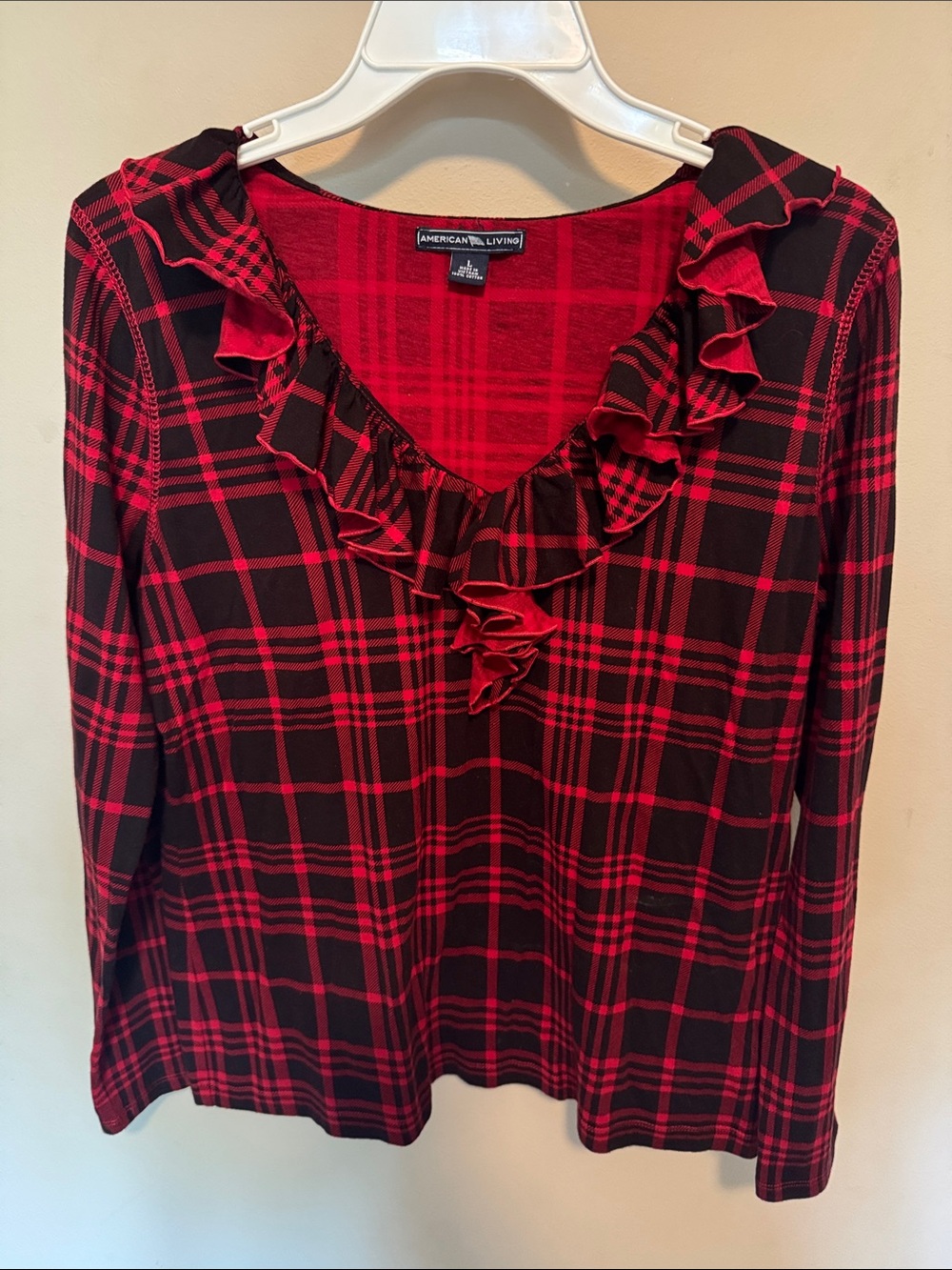 American Living Red Plaid Ruffle V-Neck Women’s Top